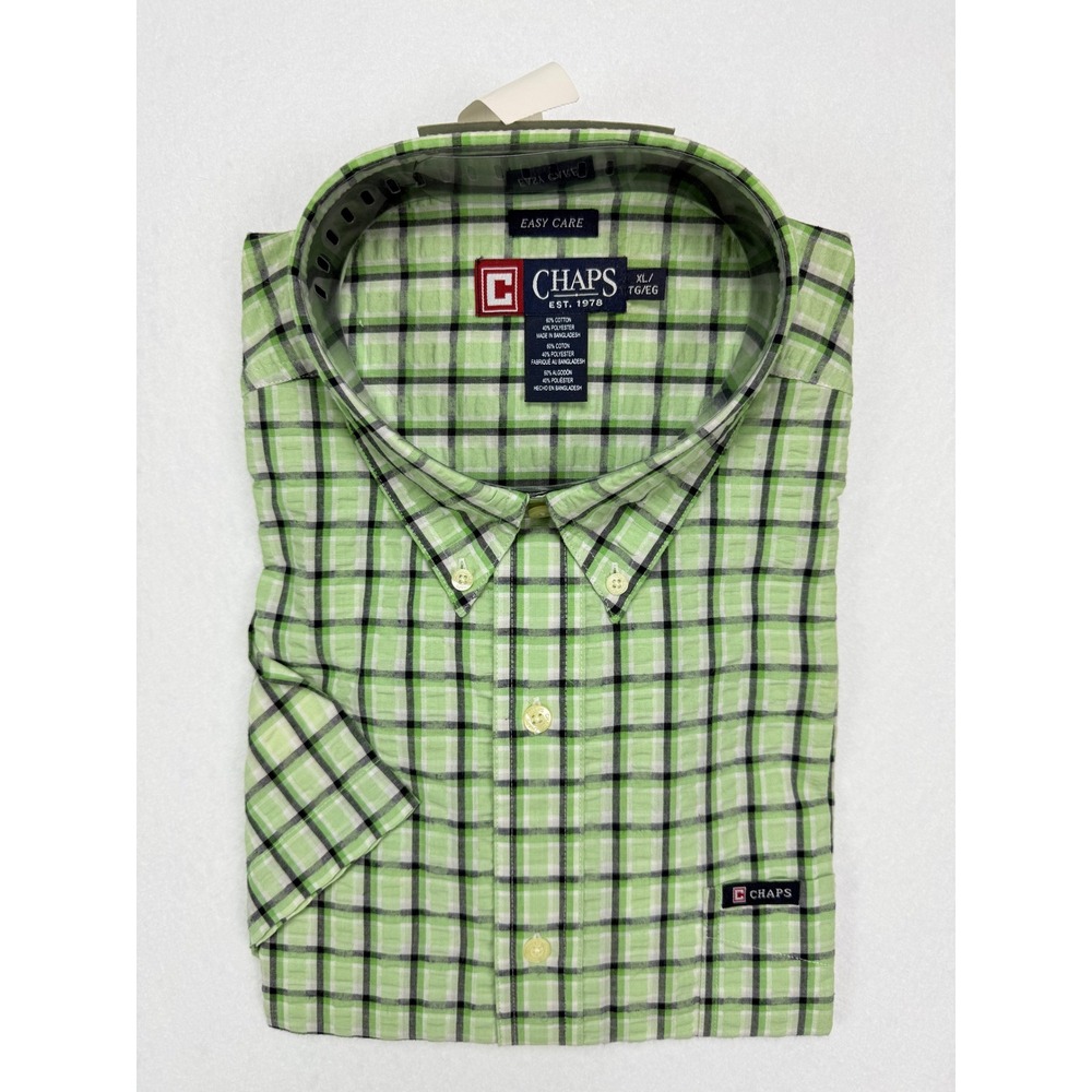 Chaps Short Sleeve Button Down Shirt XL Green Plaid NWT Easy Care Preppy